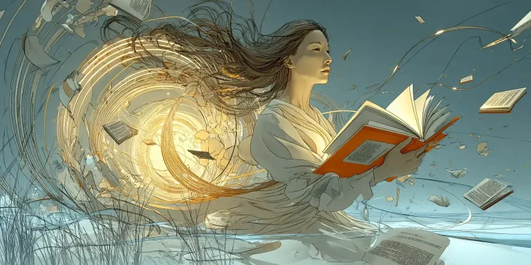Woman reading, surrounded by swirling energy