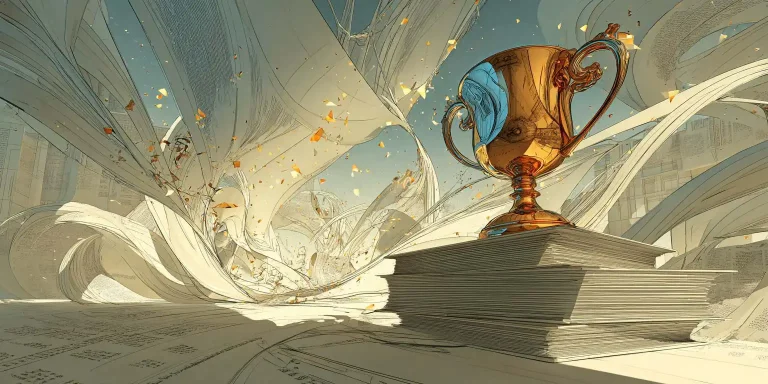 Golden trophy on stacked books and paper