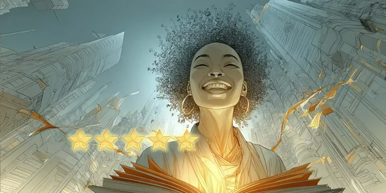 Joyful woman reading a glowing book