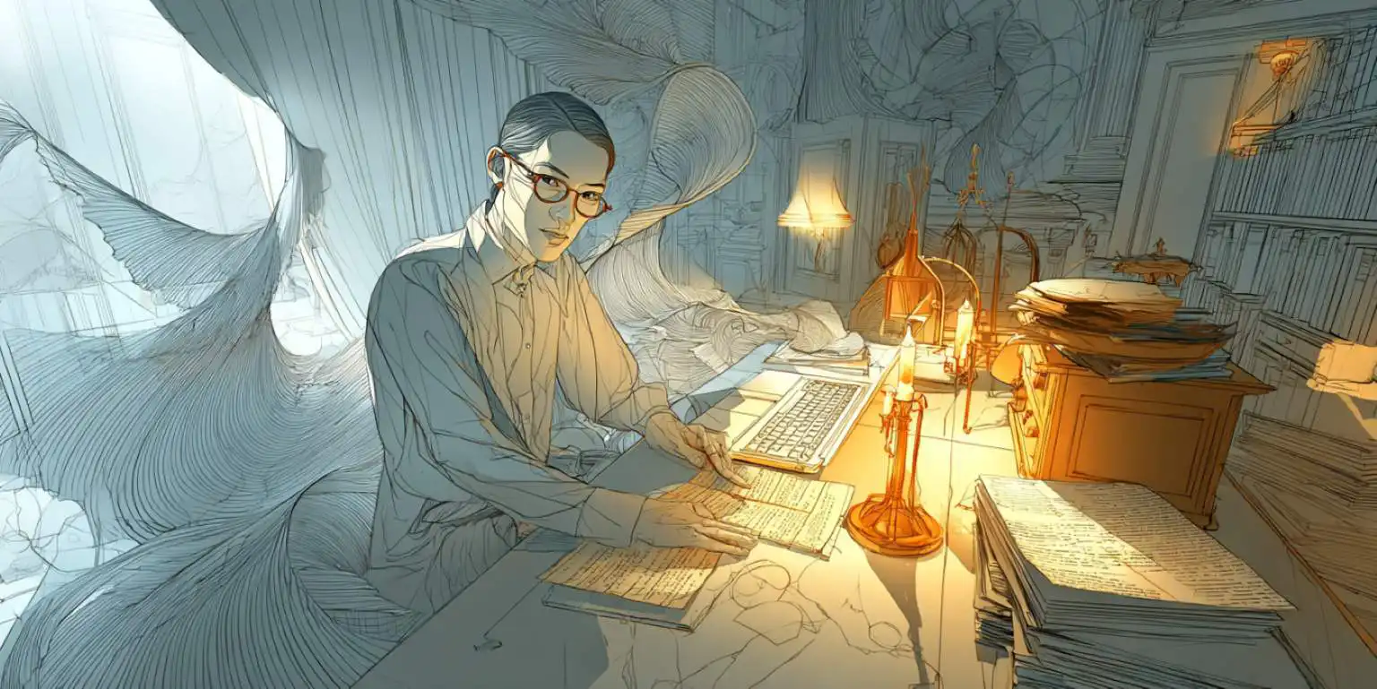 Author writing in a cozy workspace.