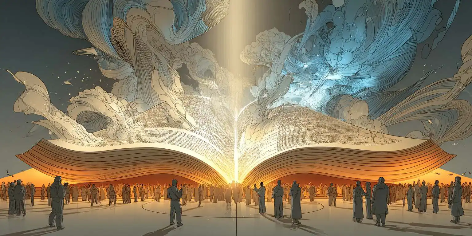 Giant book illuminating a crowd.