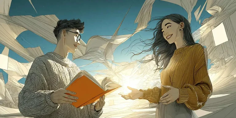 Two people sharing a book outdoors.