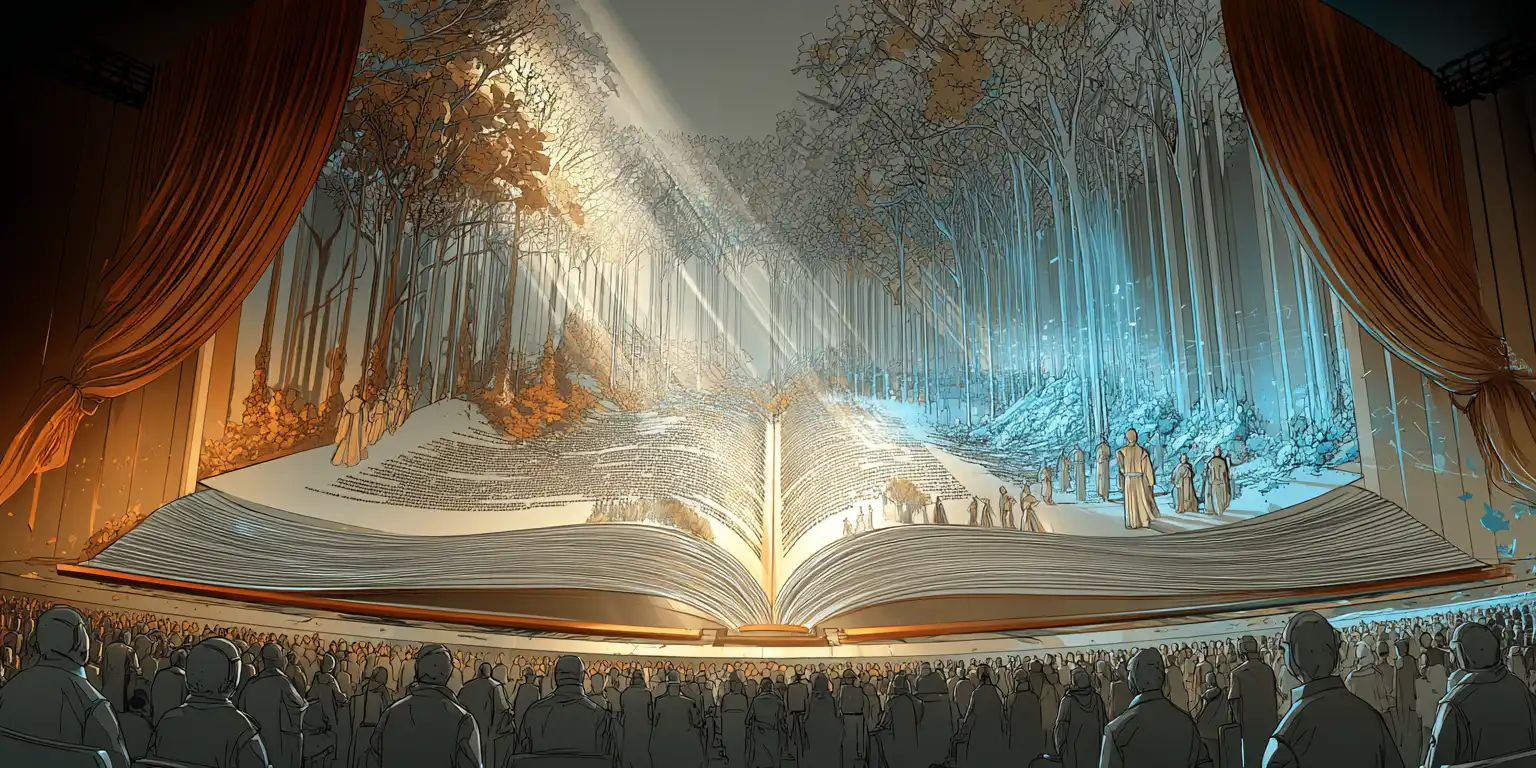Open book revealing a magical forest