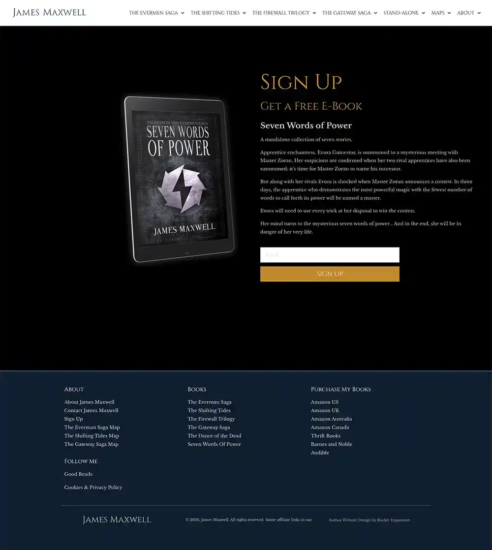 Epic Fantasy & Science Fiction Author Website: James Maxwell 7 Rocket Expansion James Maxwell Sign Up copy